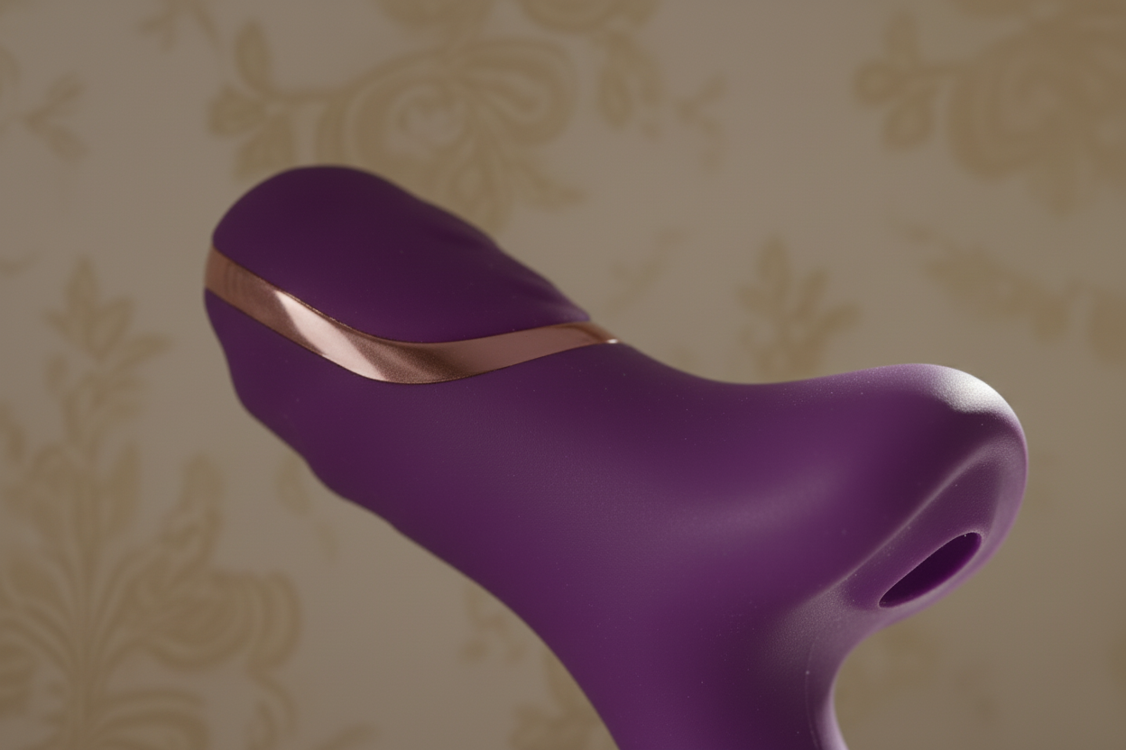 Détail du design Velora en silicone violet mat avec finition métallique dorée